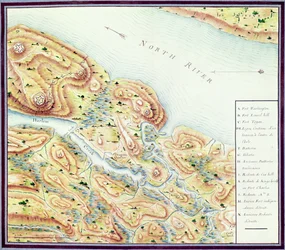 Rekonesans Mostu Królewskiego (North River), z „wojny amerykańskiej”, c.1780-81 (kolor grawerowany)